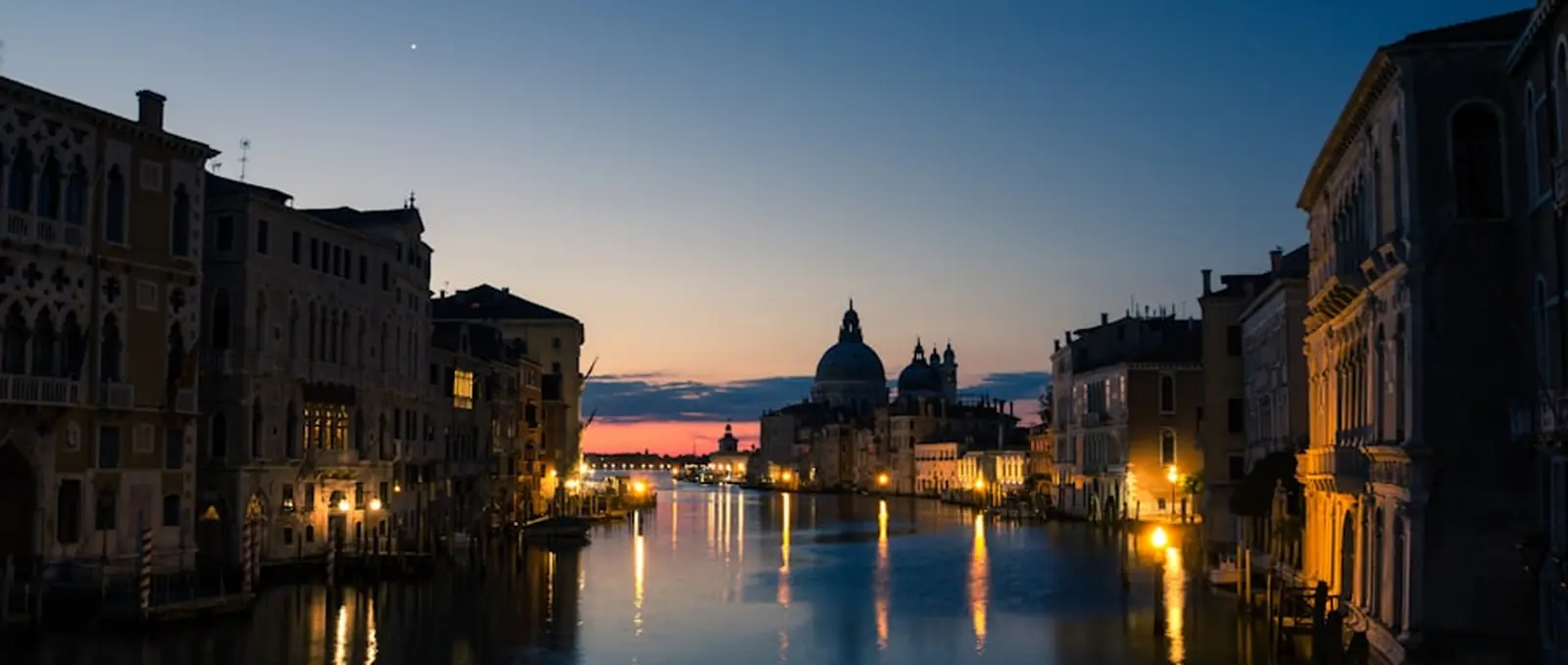 The Grand Canal in Venice at blue hour.